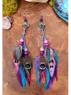 Boucles d'oreilles Plumes tribales totem tourtue "Plumes de Lagon"
