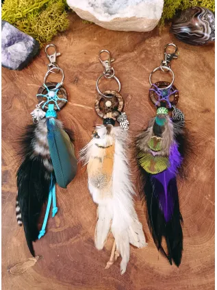 Keychain, dreamcatcher bag charm with natural feathers