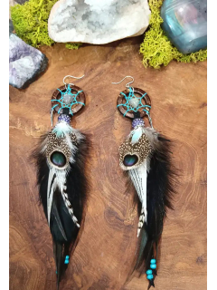 Dreamcatcher Earrings "Boreal Reflections" | Labradorite, Coconut & Sacred Feathers