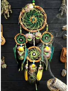 Attrape-Rêves Multi-Toiles "Le Gardien d'Émeraude" | Dioptase, Saule & Esprit Iktomi