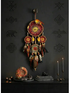 Le Gardien du Souffle du Feu — Attrape-Rêves Chamanique Totem Phénix | Vanadinite, Obsidienne Dorée & Plumes Rares