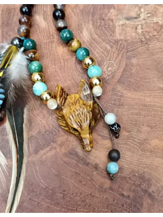La Flamme des Bois — Mala Chamanique Tibétain Totem Renard | Œil de Tigre Sculpté, 108 Pierres Sacrées & Plumes Rares