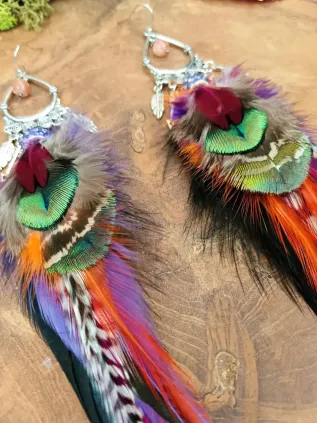 Boucles d'oreilles Chamaniques Plumes Paon & Pierre Soleil