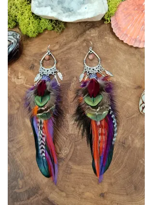 Shamanic Earrings Peacock Feathers & Sunstone