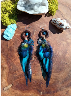 Boucles d'oreilles Chamaniques "Les secrets de Bastet" - Lapis Lazuli & Plumes Totem