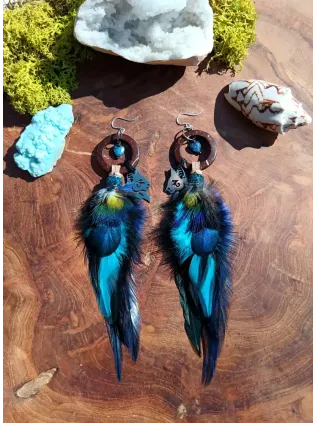 Boucles d'oreilles Chamaniques "Les secrets de Bastet" - Lapis Lazuli & Plumes Totem