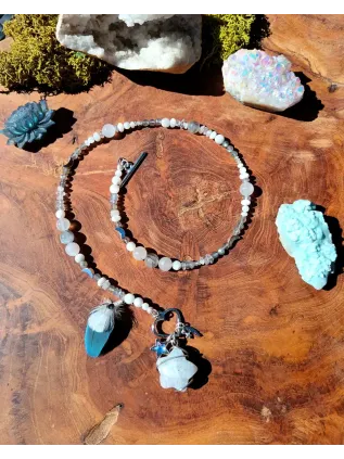 Collier Chamanique "Étoile d'Argent" - Labradorite Blanche & Plumes Sacrées