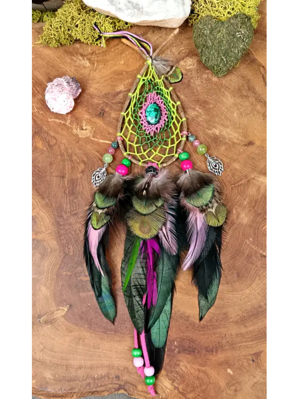Attrape-Rêves Chamanique Goutte "Le Cœur Sauvage du Rêveur" - Malachite & Paon