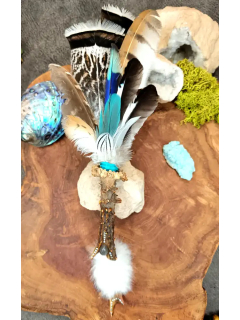 Éventail de Fumigation Chamanique "Ombre Lunaire" - Pierre de Lune Grise & Plumes Sacrées