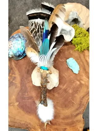 Éventail de Fumigation Chamanique "Ombre Lunaire" - Pierre de Lune Grise & Plumes Sacrées