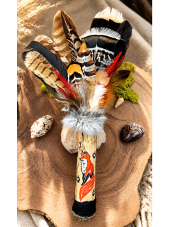 Éventail de Fumigation Chamanique "La Flamme d'Or" - Totem Renard & Pyrite brute