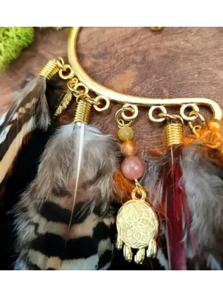 Bijou d'Oreille Earcuff Chamanique "Murmure de Feu" - Pierre de Soleil & Plumes Sacrées