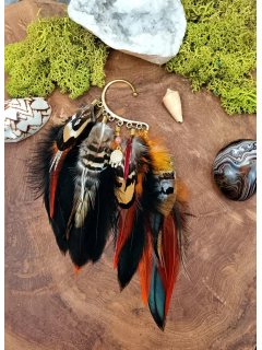 Bijou d'Oreille Earcuff Chamanique "Murmure de Feu" - Pierre de Soleil & Plumes Sacrées