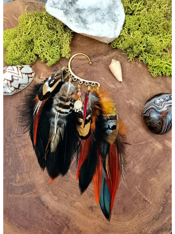 Bijou d'Oreille Earcuff Chamanique "Murmure de Feu" - Pierre de Soleil & Plumes Sacrées