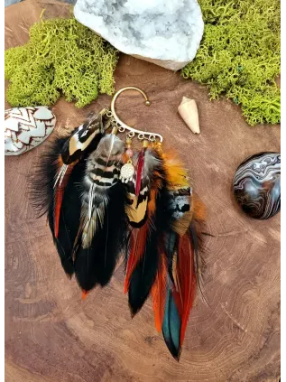 Bijou d'Oreille Earcuff Chamanique "Murmure de Feu" - Pierre de Soleil & Plumes Sacrées