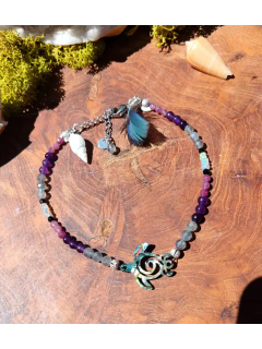 Bracelet de Cheville Chamanique "La Tortue des Lagons" - Abalone & Plumes Sacrées