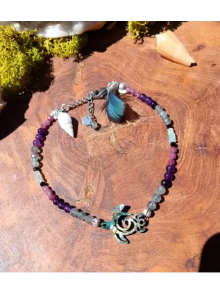 Bracelet de Cheville Chamanique "La Tortue des Lagons" - Abalone & Plumes Sacrées
