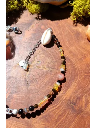 Bracelet de Cheville Chamanique "Le Sable Doré" - Pierre de Soleil & Cauri