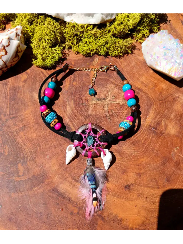 Bracelet de Cheville Attrape-Rêves Chamanique "Le Lagon des Tropiques" – Apatite & Tourmaline Rose