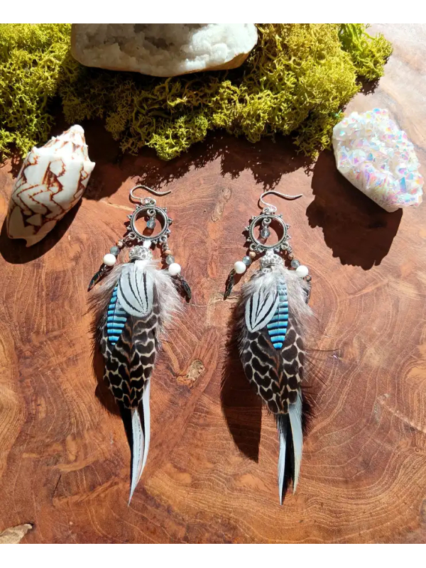 Boucles d'Oreilles Chamaniques "Caresse du ciel" – Labradorite & Plumes Sacrées en Argent 925