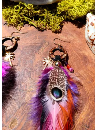 Sunset lover - Boucles chamaniques plumes cornaline agate