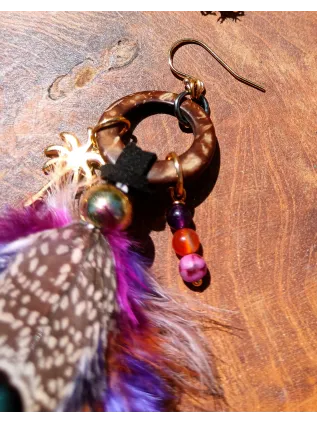 Sunset lover – Boucles d'oreilles chamaniques en plumes de coq et faisan, cornaline, agate rose et améthyste