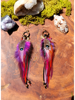 Sunset lover – Boucles d'oreilles chamaniques en plumes de coq et faisan, cornaline, agate rose et améthyste