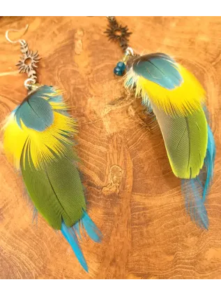 Plumes des Caraïbes - Boucles d'oreilles chamaniques en apatite et plumes de perroquet