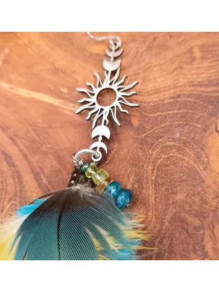 Plumes des Caraïbes - Boucles d'oreilles chamaniques en apatite et plumes de perroquet