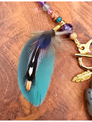 Le renard des aurores - Collier chamanique en labradorite et plumes naturelles
