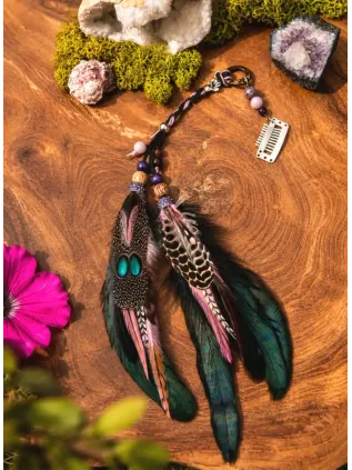 L’aube sacrée - Bijou de cheveux chamanique aux plumes de faisan et pierres naturelles