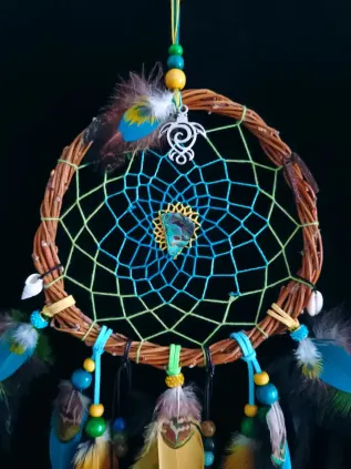 Enchanted Lagoon – Shamanic Dreamcatcher with Abalone, Lapis Lazuli, and Parrot Feathers