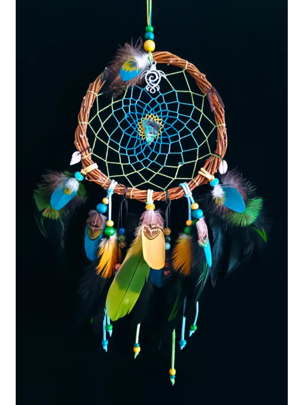 Lagon enchanté - Attrape-rêves chamanique en abalone, lapis-lazuli et plumes de perroquet
