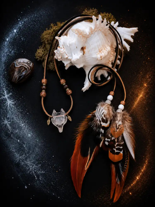 Entre givre et flamme - Collier chamanique renard en cristal de roche et plumes naturelles