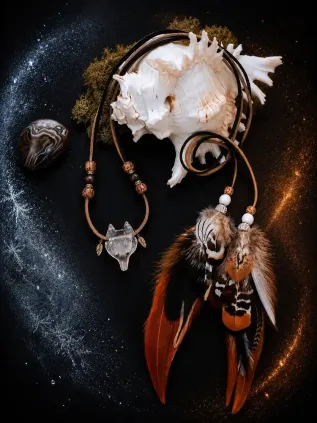 Entre givre et flamme - Collier chamanique renard en cristal de roche et plumes naturelles