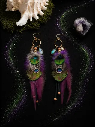 Eden tropical - Boucles d'oreilles chamaniques en abalone et plumes de paon