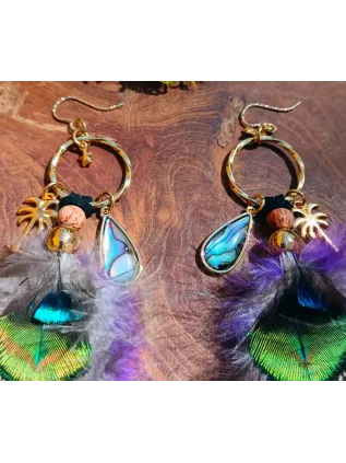 Eden tropical - Boucles d'oreilles chamaniques en abalone et plumes de paon