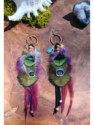 Eden tropical - Boucles d'oreilles chamaniques en abalone et plumes de paon