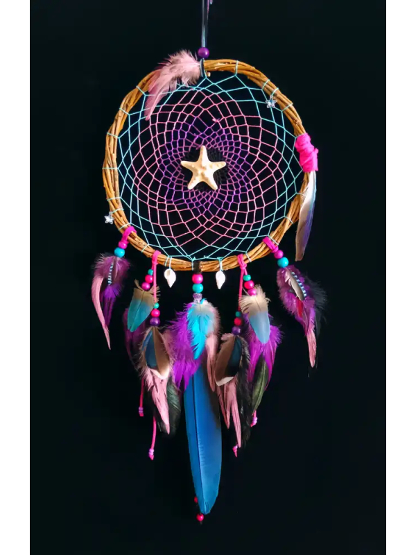 Attrape-Rêve Chamanique Une Étoile au Soleil – Étoile de Mer & Sari Artisanal