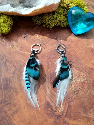 Boucles d'Oreilles Chamaniques Le Loup du Crépuscule – Apatite & Plumes