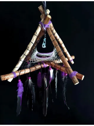 Attrape-Rêves 3D Tipi Chamanique – Le Loup des Mille Feux d’Ombre | Chalcopyrite & Plumes Nobles