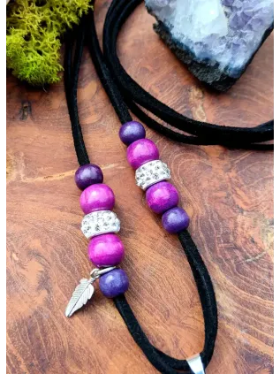Collier Chamanique « Cœur Sensuel » | Labradorite Violette & Plumes Nobles
