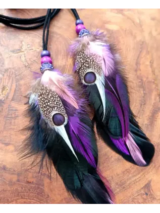 Collier Chamanique « Cœur Sensuel » | Labradorite Violette & Plumes Nobles