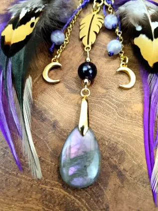 Collier Attrape-Rêves Chamanique « Le Soleil Pourpre » | Labradorites & Améthyste