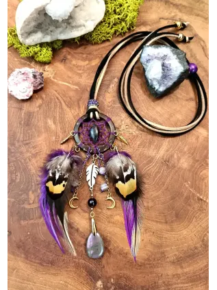 Collier Attrape-Rêves Chamanique « Le Soleil Pourpre » | Labradorites & Améthyste